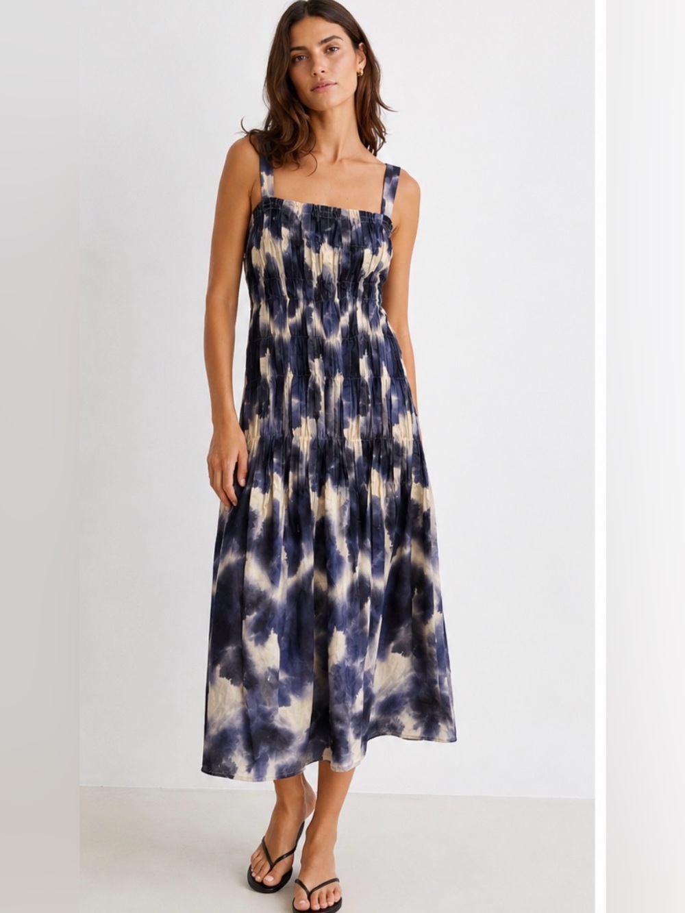 Hache Blue Tie Dye Shirred Midi Dress | Square Neck, Made in Italy, 4/6